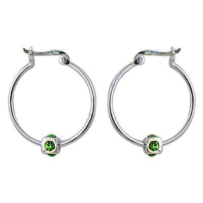 Silver hoop earrings with green gemstone | women's jewelry