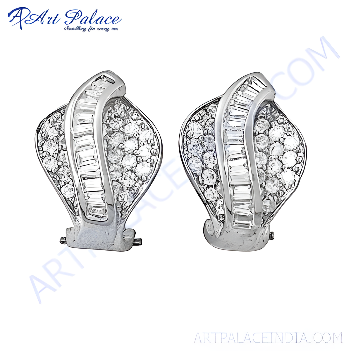 Diamond stud earrings in white metal, featuring sparkling round and baguette cut diamonds, for women