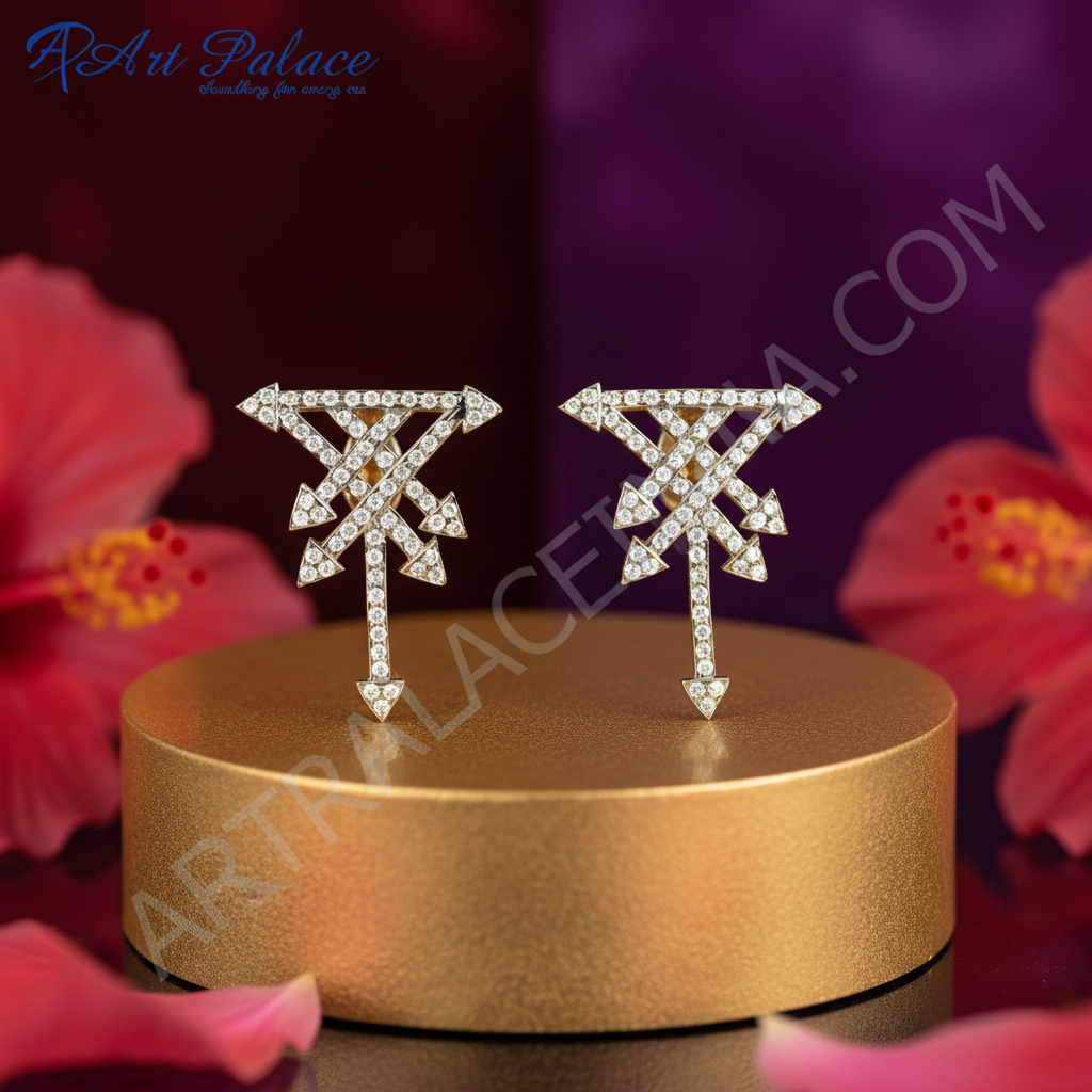 Gold plating arrow stud earrings with diamond accents | women's jewelry