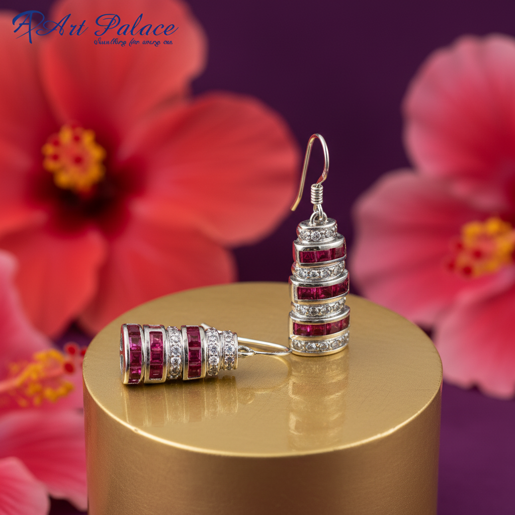 Silver Ruby & Diamond Earrings | Dangle Drop Earrings for Women