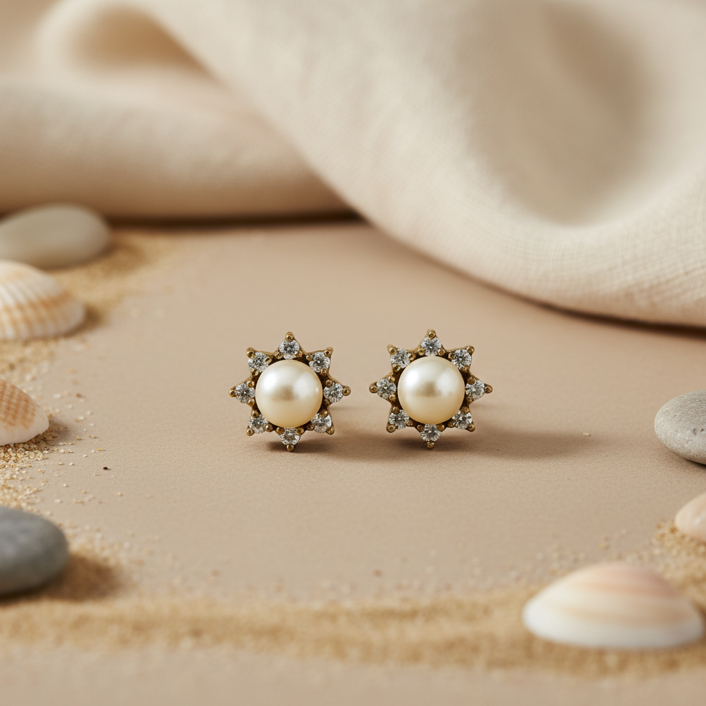 gold plating Pearl & Diamond Stud Earrings for Women | Elegant Jewelry