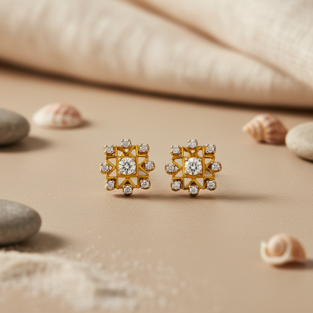 gold plating Diamond Stud Earrings for Women | Floral Design