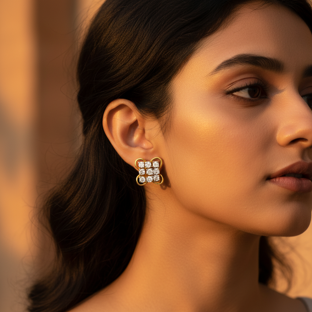 gold plating Diamond Stud Earrings | Square Cluster | For Women