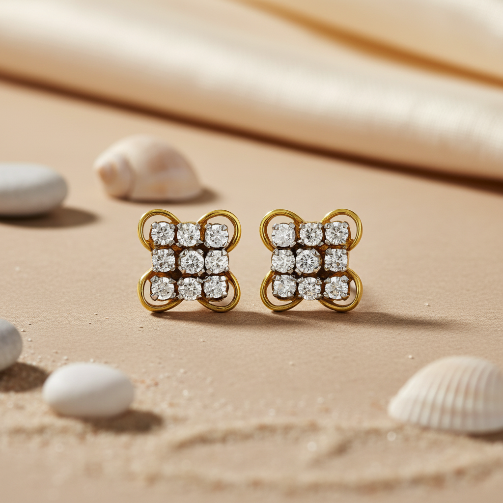 gold plating Diamond Stud Earrings | Square Cluster | For Women