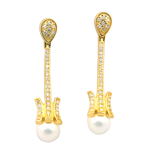 Feminine Unique Design Cubic Zirconia & Pearl Gemstone Silver Gold Plated Earrings