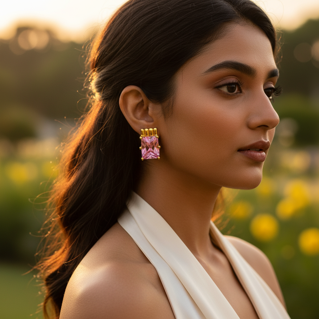 gold plating Pink Stone Stud Earrings for Women | Fashion Jewelry