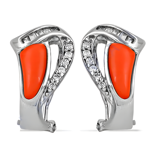 Coral & Cubic Zirconia Gemstone Silver Earring 925 Sterling Silver Earring Party CZ Earrings