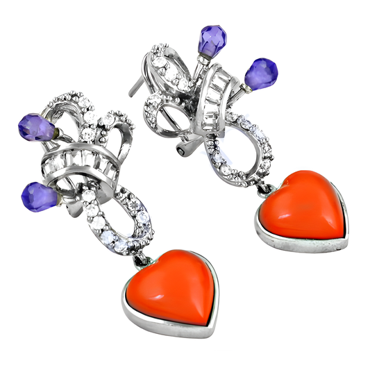 Gracious Fashionable Coral & CZ Gemstone Silver Earrings