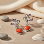 Load image into Gallery viewer, Silver Heart Dangle Earrings with Purple &amp; Red Gemstones
