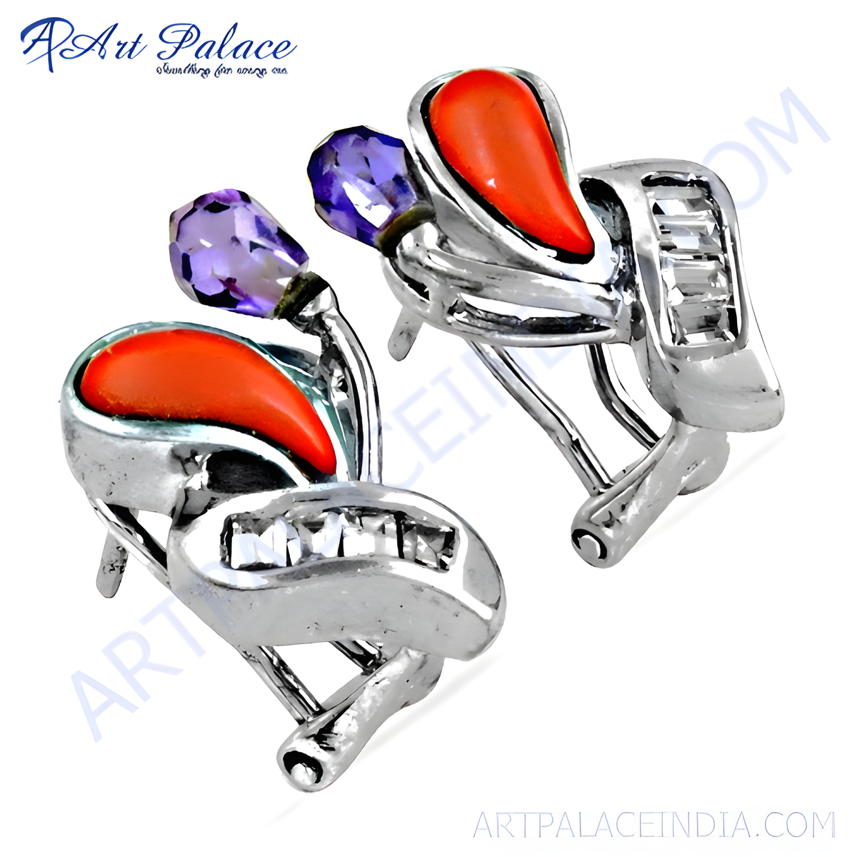 Sterling silver stud earrings with teardrop coral and amethyst gemstones for women
