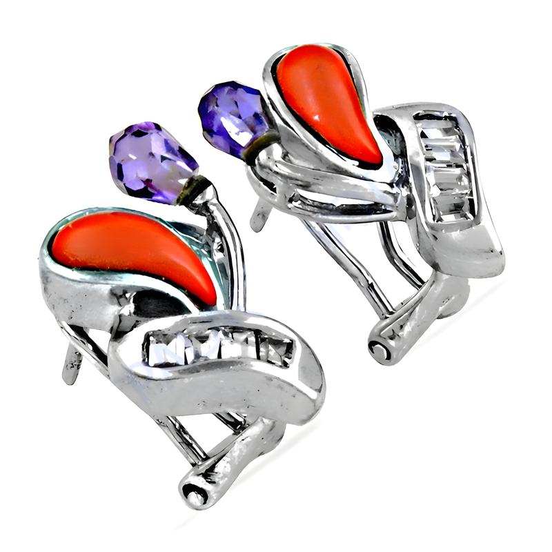 Coral & CZ Gemstone Silver Earring Fabulous CZ Earring Colorful CZ Earring