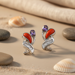 Load image into Gallery viewer, Silver Stud Earrings with Coral &amp; Amethyst | Women's Fashion Jewelry
