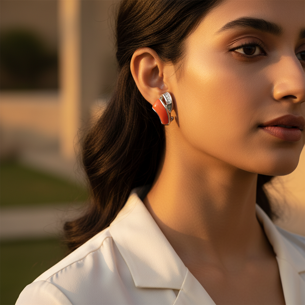 Silver Orange Enamel Earrings | Gemstone Accents | For Women