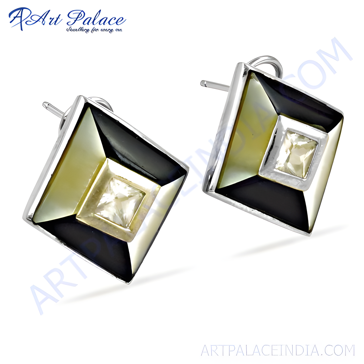 Square silver stud earrings with mother of pearl and a central gemstone, perfect for women's fashion