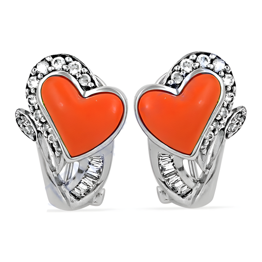 Lovable Heart Style Coral & CZ Gemstone Silver Earrings