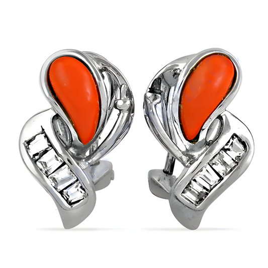 Attractive Coral & Cubic Zirconia Gemstone Silver Earrings