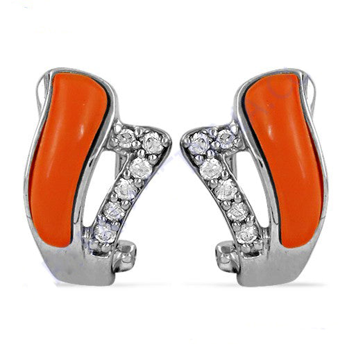 Silver orange enamel earrings with cubic zirconia | women's jewelry