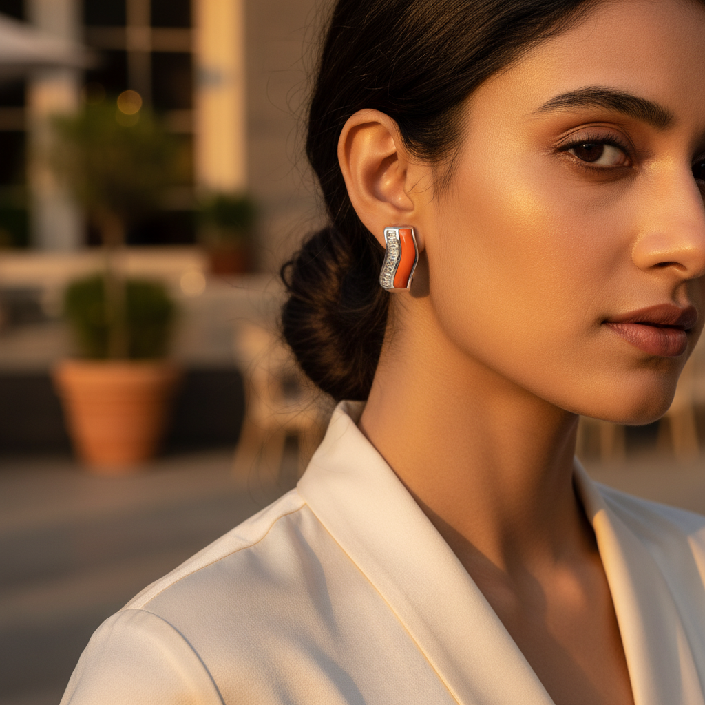 Silver and Orange Stone Earrings for Women | Fashion Jewelry