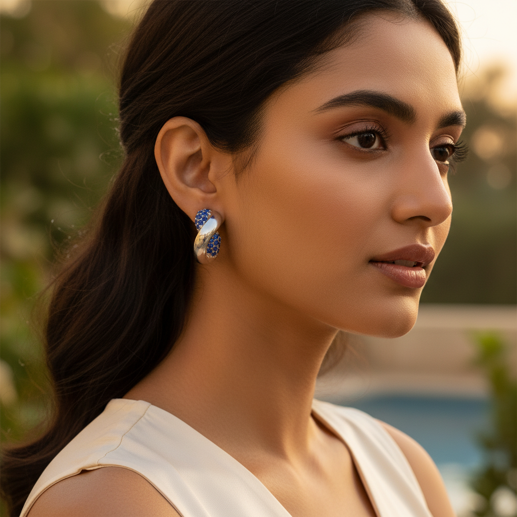 Silver Hoop Earrings with Blue Gemstones | Women's Jewelry