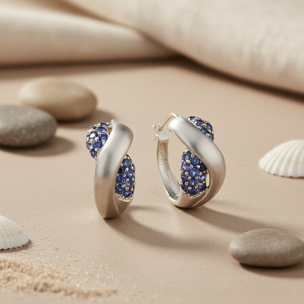 Silver Hoop Earrings with Blue Gemstones | Women's Jewelry
