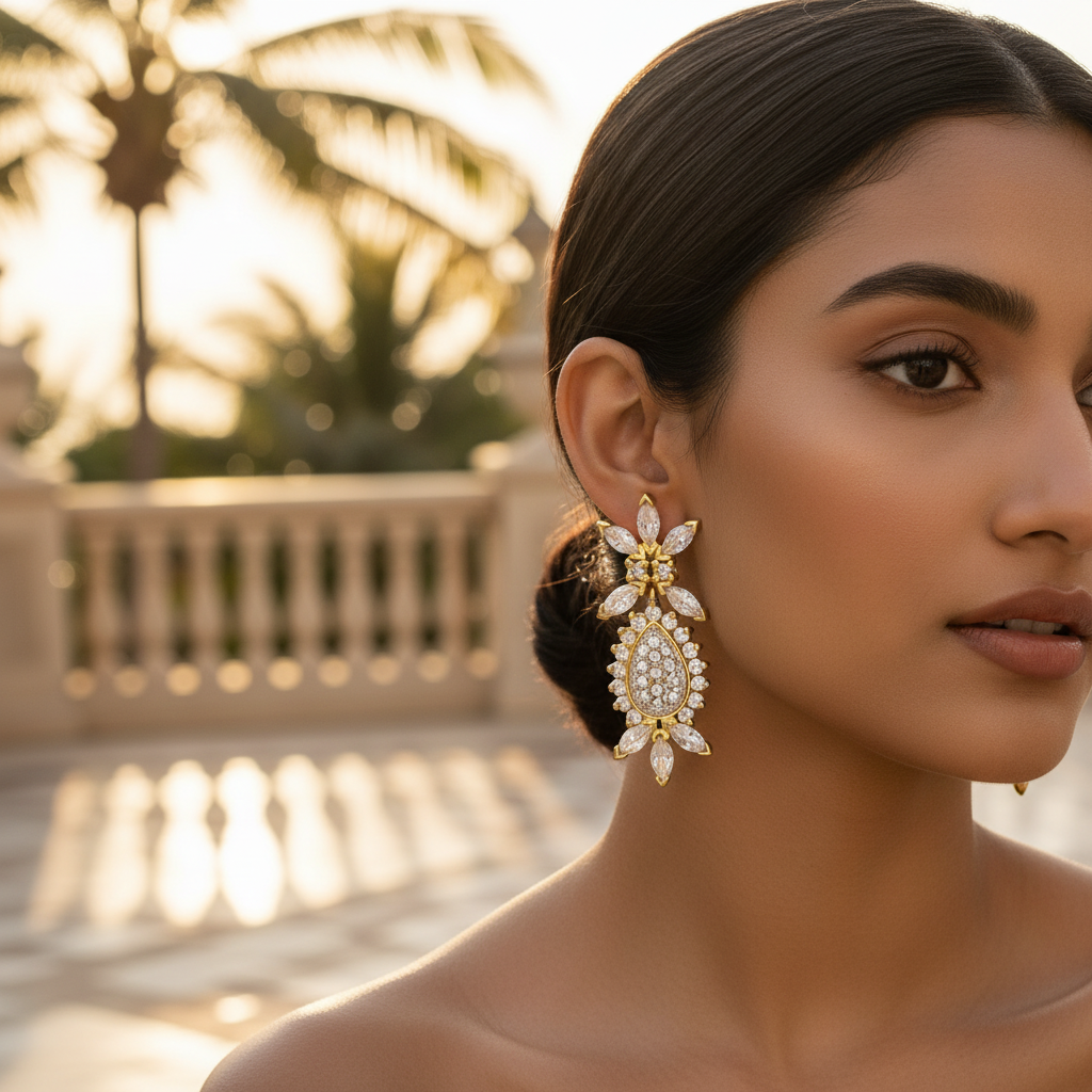 gold plating Teardrop & Flower Earrings | Cubic Zirconia | Women's