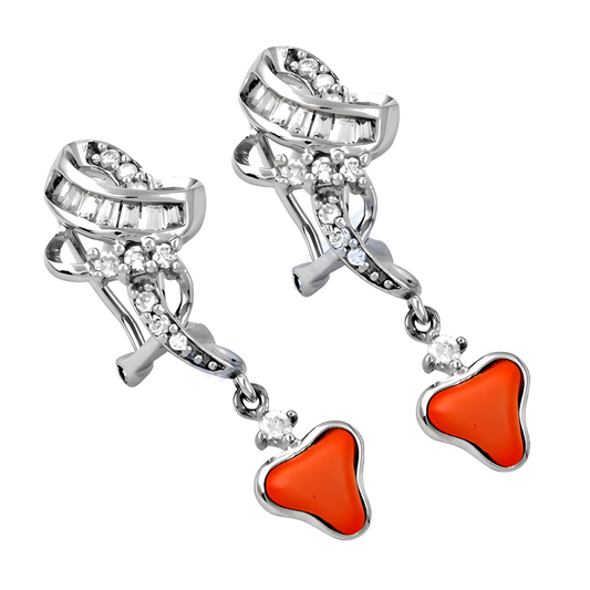 Hot! Dazzling Coral & Cubic Zirconia Gemstone Silver Earrings