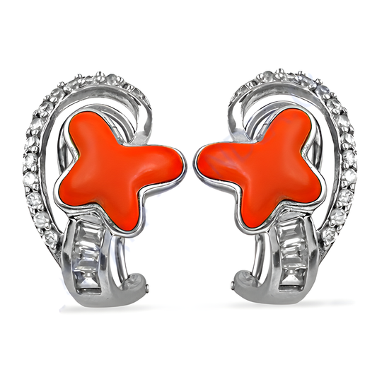 Rocking Star Stylish Coral & Cz Gemstone Silver Earrings