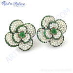 Load image into Gallery viewer, Floral stud earrings with white gemstones and a central green gemstone, suitable for women
