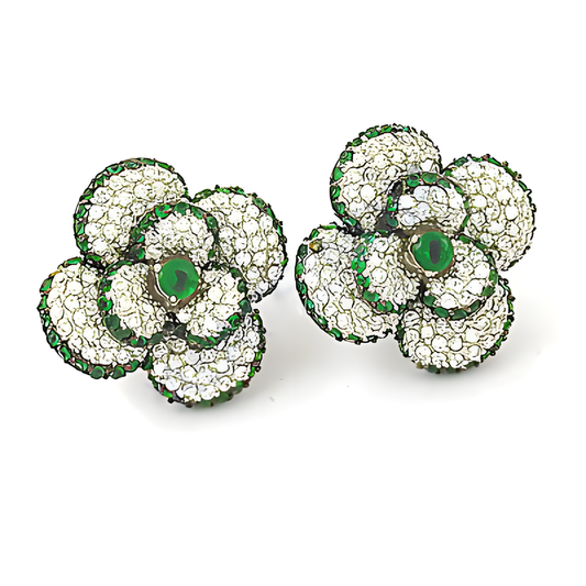 Gracious Flower Style Silver Stud Earrings With Green & White CZ