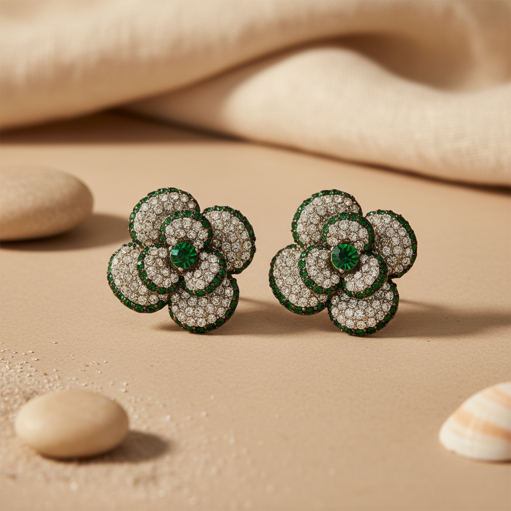 Floral Stud Earrings with Green Gemstones for Women