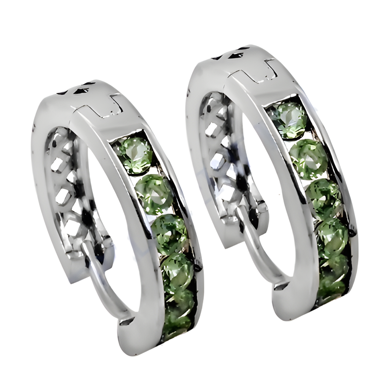 Classic Green Cubic Zirconia Gemstone Silver Hoop Earrings