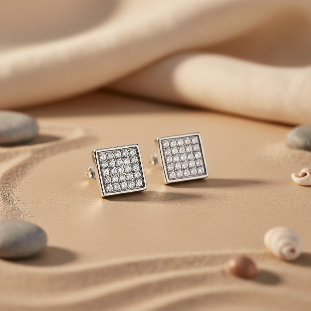 925 Silver Diamond Stud Earrings | Square Cut | For Women