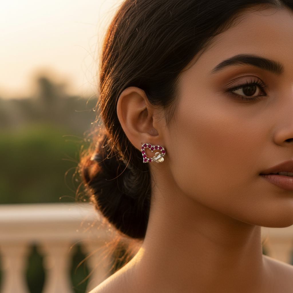 925 Silver Ruby Heart Stud Earrings for Women | Gift