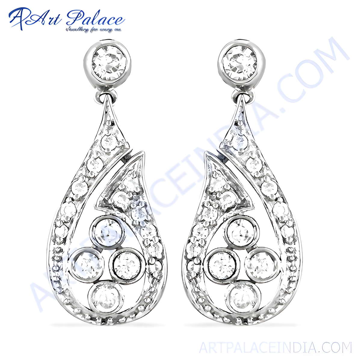 Silver teardrop earrings with sparkling white diamonds, elegant and stylish jewelry for women