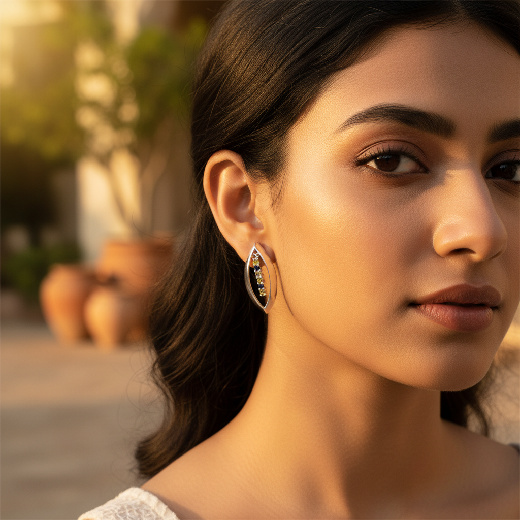 Silver Leaf Earrings with Green & Black Stones | Artpalace