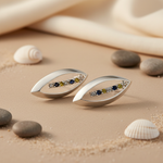 Load image into Gallery viewer, Silver Leaf Earrings with Green &amp; Black Stones | Artpalace
