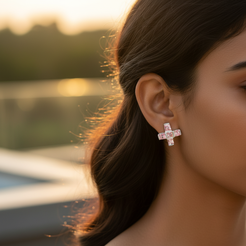 Pink Gemstone Cross Stud Earrings | 925 Silver Earrings for Women