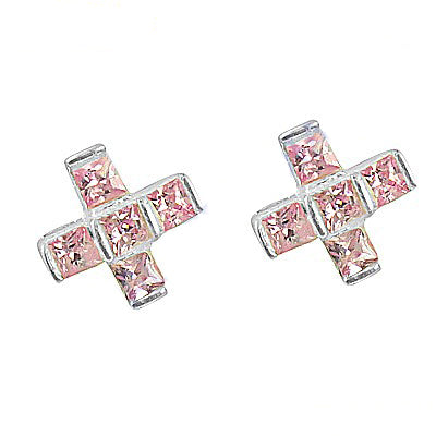 Pink gemstone cross stud earrings | 925 silver earrings for women