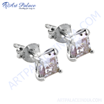 Load image into Gallery viewer, Silver stud earrings with square white gemstones, perfect for everyday wear.
