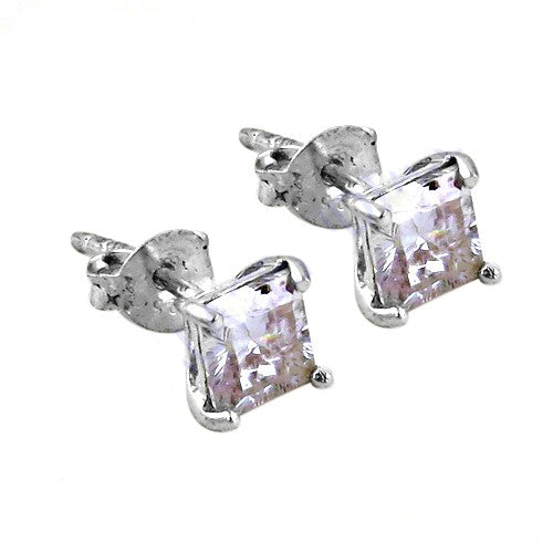 Silver stud earrings with square white gemstone for women