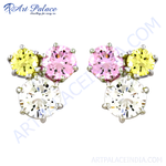 Load image into Gallery viewer, Silver stud earrings featuring white, pink, and yellow gemstones arranged in a cluster design.
