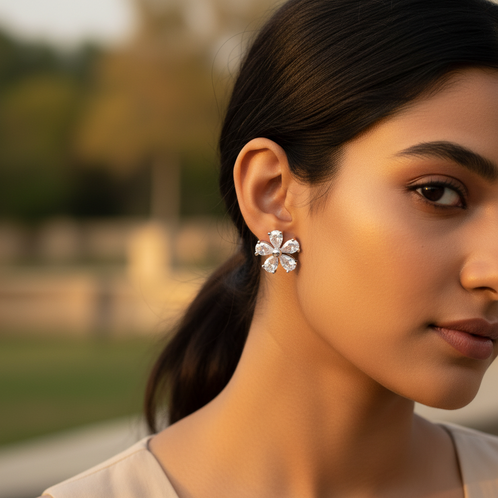 Silver Flower Stud Earrings | Cubic Zirconia | Women's Jewelry