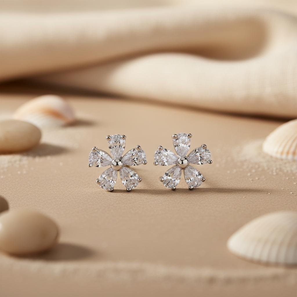 Silver Flower Stud Earrings | Cubic Zirconia | Women's Jewelry