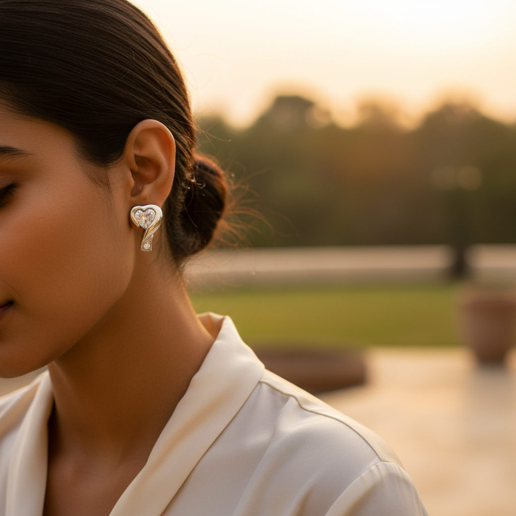 Silver Heart-Shaped Stud Earrings | Cubic Zirconia | For Women