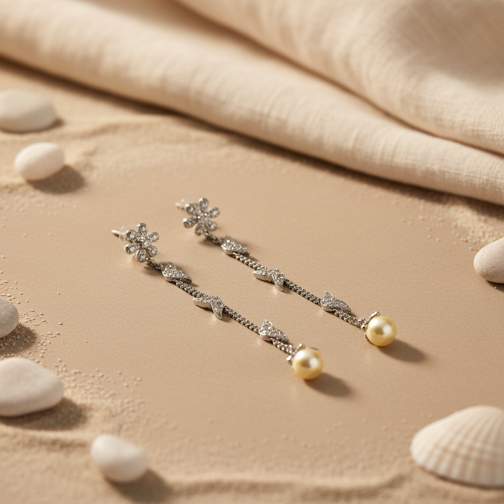 Silver Butterfly Dangle Earrings with Pearl for Women