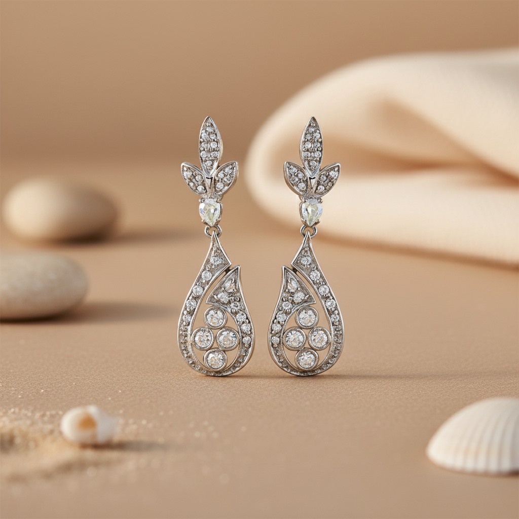 Silver Teardrop Earrings with CZ Stones for Women | Party Jewelry