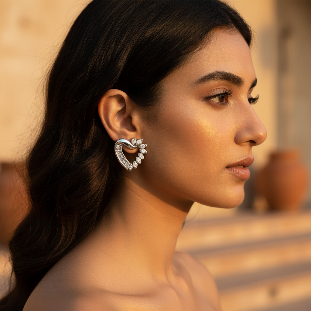 Silver Heart Diamond Stud Earrings | Women's Elegant Jewelry