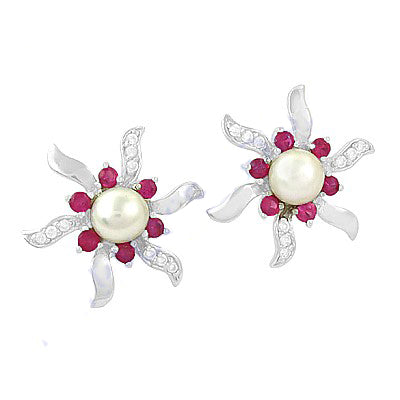 Silver Pearl & Ruby Flower Stud Earrings | Women's Floral Jewelry