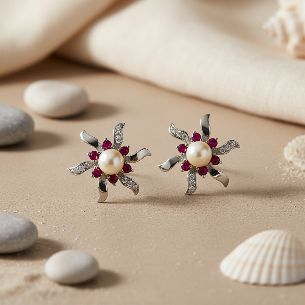 Silver Pearl & Ruby Flower Stud Earrings | Women's Floral Jewelry