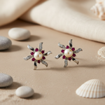 Load image into Gallery viewer, Silver Pearl &amp; Ruby Flower Stud Earrings | Women's Floral Jewelry
